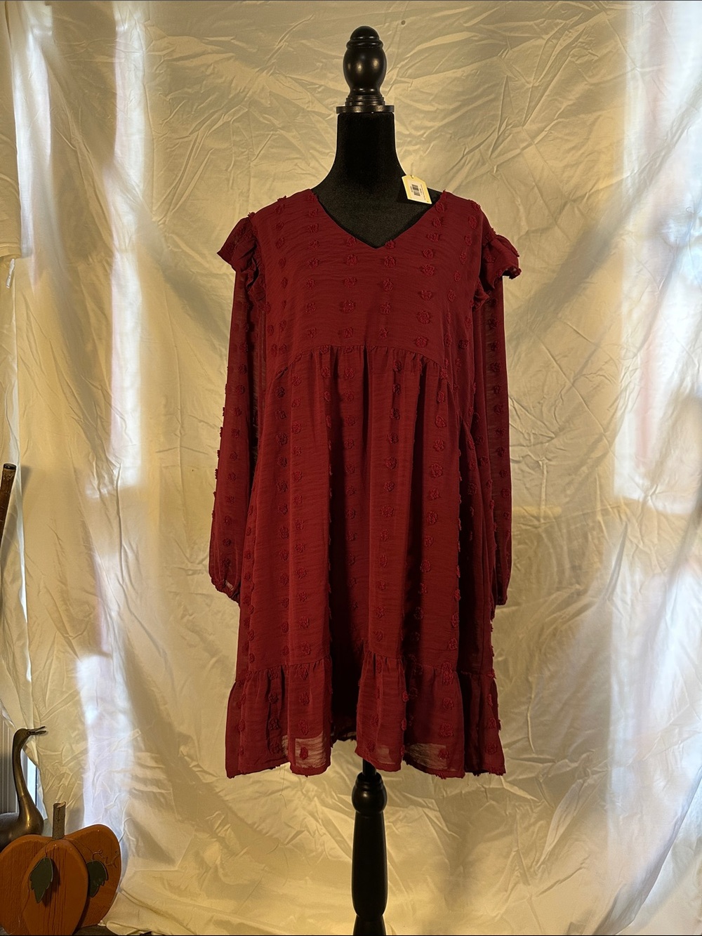 Women’s Red Ruffled Burgundy Dot Dress- Fall dress